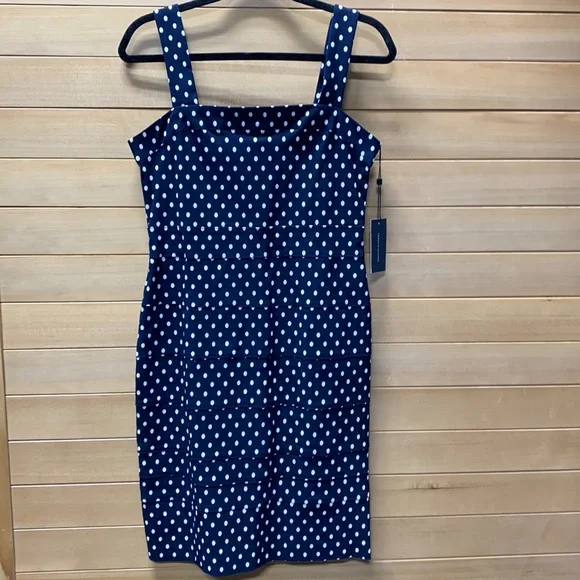 NWT Tommy Hilfiger MIDI Bodycon Navy and White Polka Dot Dress - Picture 1 of 7